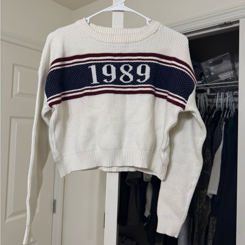 Pink Rose White Cropped Knit Sweater with Navy & Burgundy Stripes